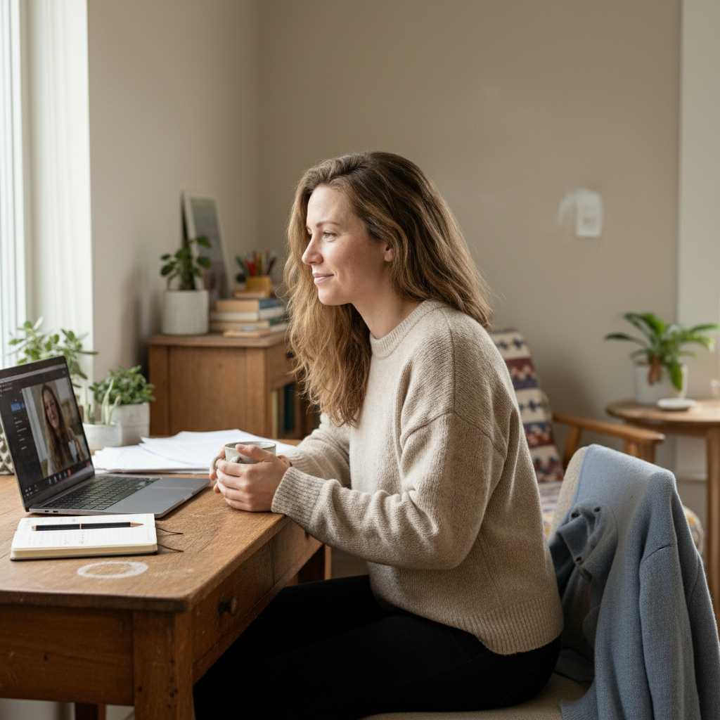 Woman sitting at a desk with a laptop, smiling confidently during a video call
