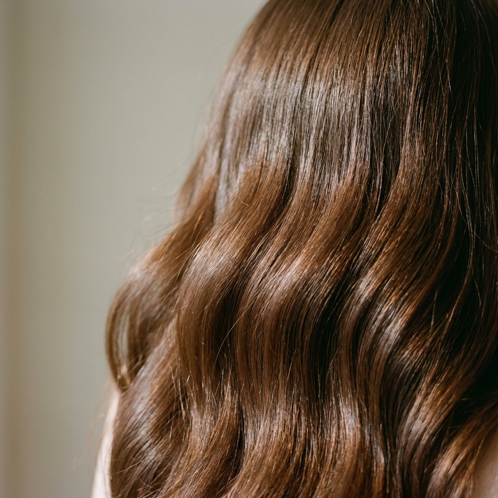 Close up of healthy, shiny brown hair with gentle waves
