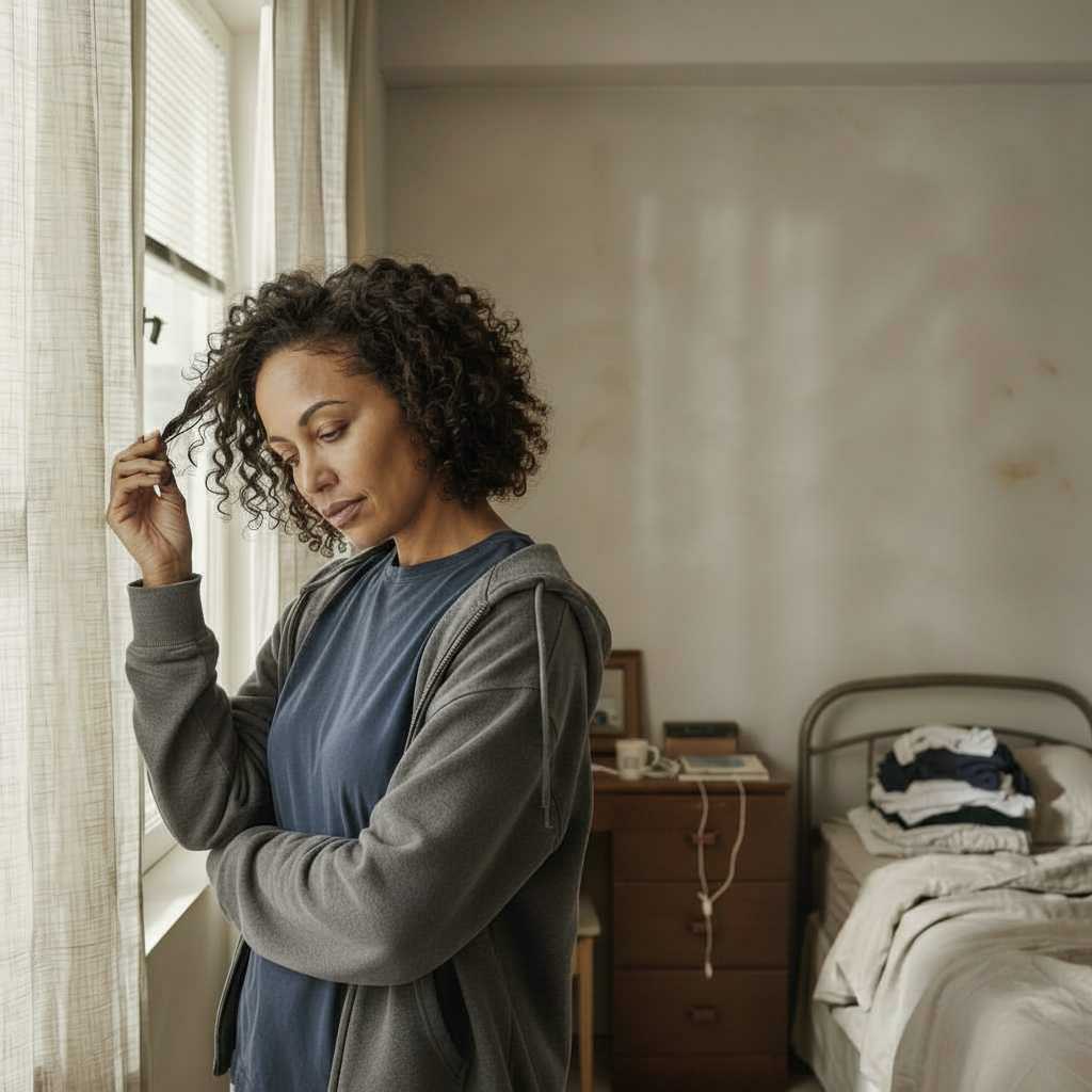 Woman with curly hair standing by a window, looking contemplative and peaceful